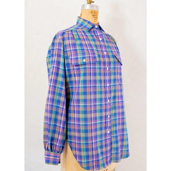 Vintage 80s prairie style, purple plaid button down shirt, women's small med - Picture 5 of 9